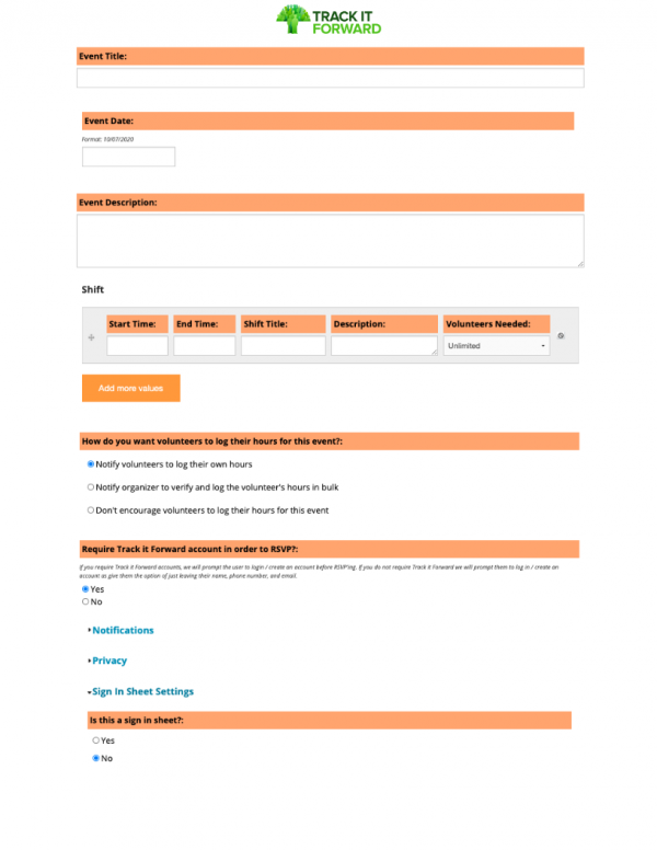 backend of creating a volunteer event in Track It Forward 