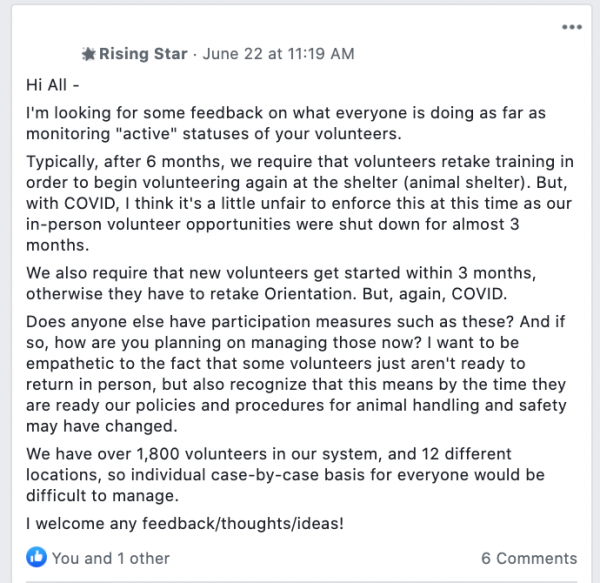 Facebook post in volunteer resource community stating: 