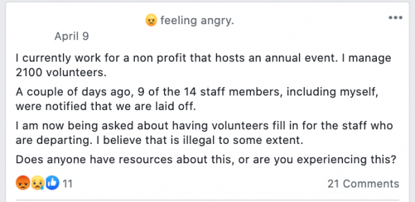 Facebook post in Volunteer Resource Community stating: 