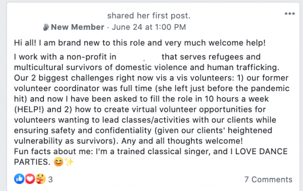 Facebook post in Volunteer coordinator resource community stating: 