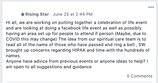 Facebook post in volunteer resource community stating: 