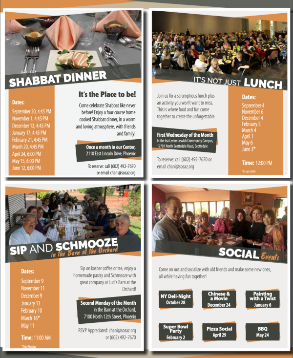 Smile On Seniors Program Schedule before COVID-19

Shabbat Dinner, It's Not Just Lunch, Sip and Schmooze, and Social Events- all sporadically over different dates. 