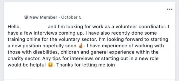 Hello, I’m Sophia and I’m looking for work as a volunteer coordinator. I have a few interviews coming up. I have also recently done some training online for the voluntary sector. I’m looking forward to starting a new position hopefully soon 
