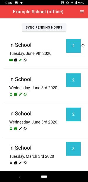 Offline Mode with Track It Forward mobile app shows red line up top that says offline, hours logged in a timesheet can be synced.