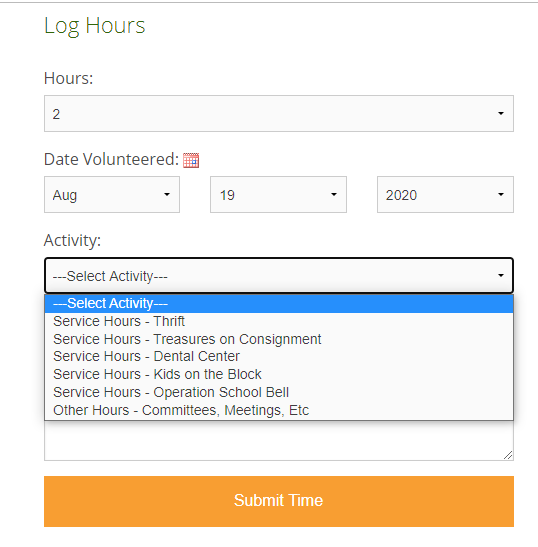 hour log for Assistance League 