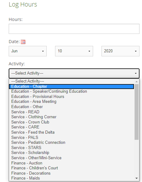 Junior Auxiliary of Greenwood screenshot of their hour log submission. There is a dropdown to explain the activity like education-chapter, service- BOOKS, service-STARS or finance. It shows the hour and project in the dropdown. 