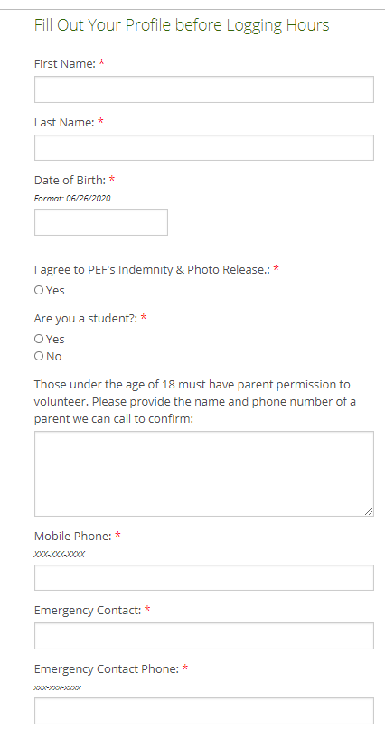 Example of Pasadena Educational Foundation Custom Profile Field in Track It Forward. The field asks for name, age, emergency contact, and has multiple choice questions to see if they are students. 