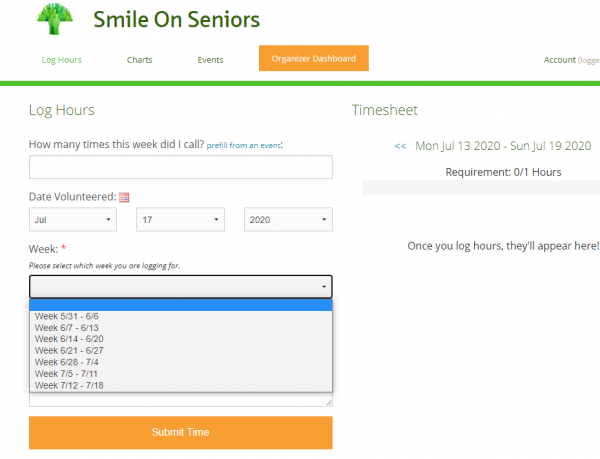 Smile On Seniors hour log on Track It Forward. Tracking phone calls to seniors by inputting one hour per week