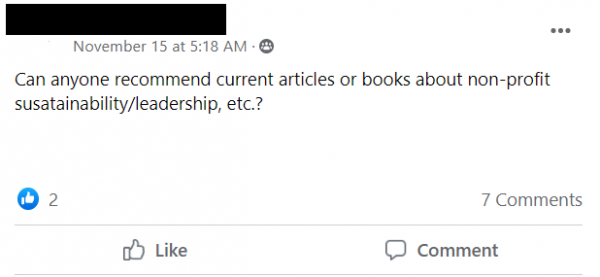 Facebook post: Can anyone recommend current articles or books about non-profit sustainability/leadership, etc.?