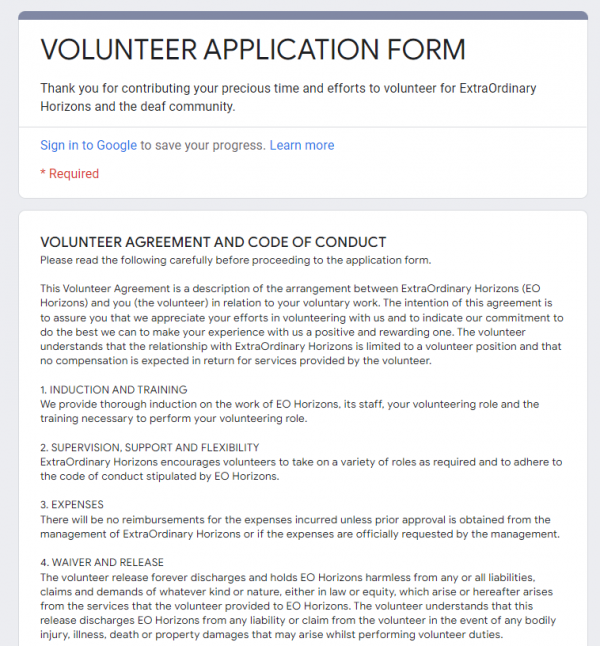 Google Form Volunteer Agreement Example