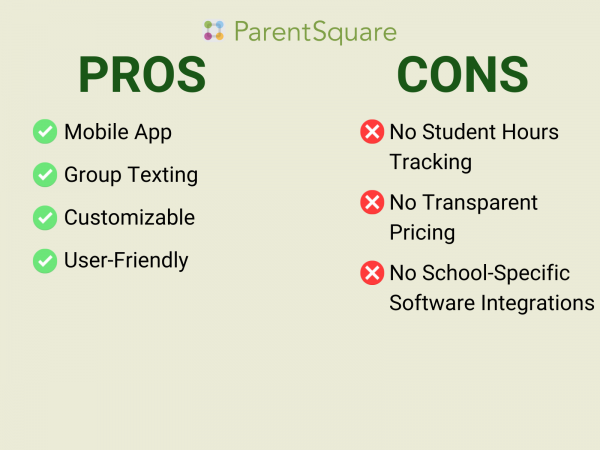 ParentSquare Pros and Cons List.
Pros: Mobile App, Group Texting, Customizable, User-Friendly
Cons: Can only be used for parent service hours. No transparent pricing. No school-specific software integrations.
