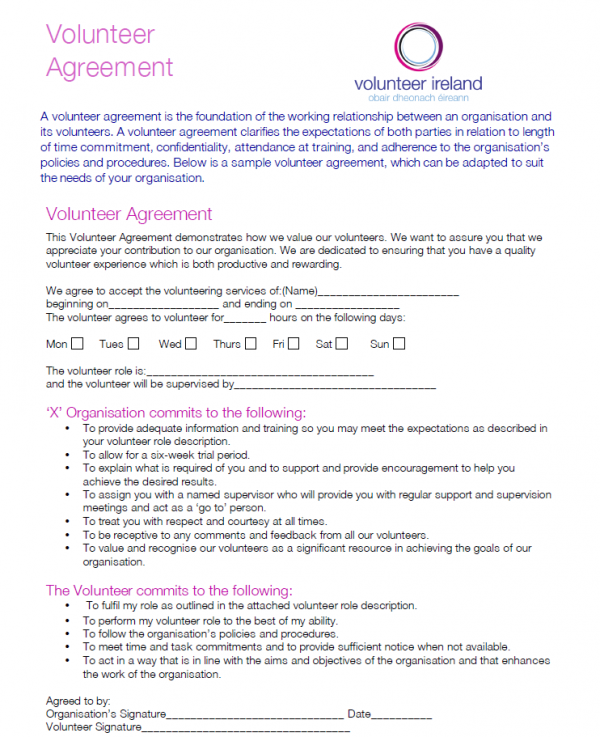 Volunteer Agreement Printable Example