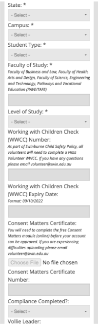 Screenshot of Swinburne University custom volunteer profile fields