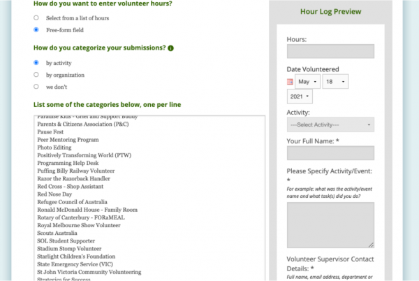 Screenshot of Swinburne University Volunteer Hours Log
