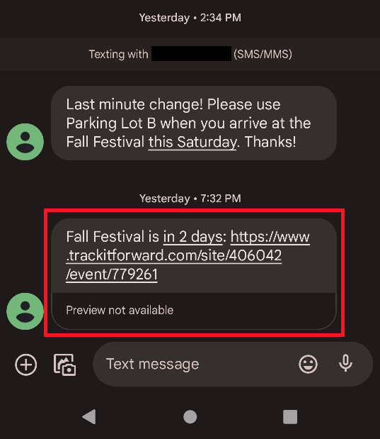 Track it Forward Volunteer Texting Screenshot: Example of Volunteer Text Message Reminder