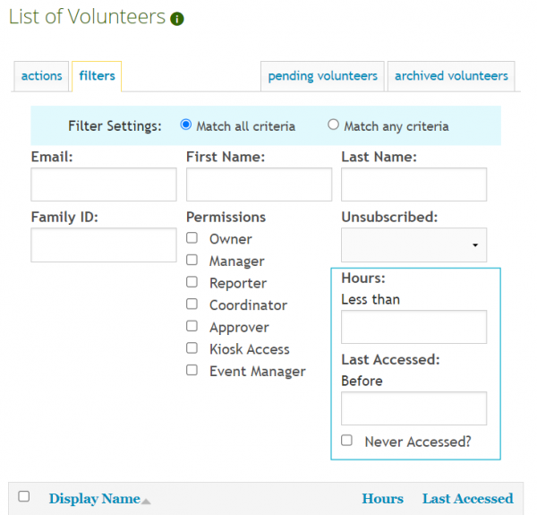 Screenshot of new volunteer filters on Track it Forward