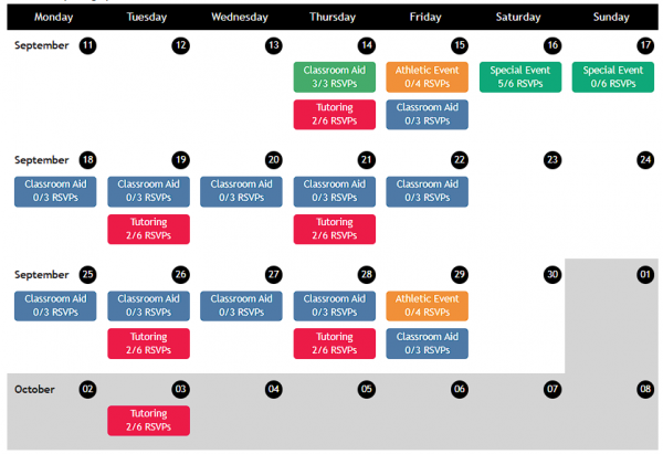 Example of event calendar screenshot in Track it Forward