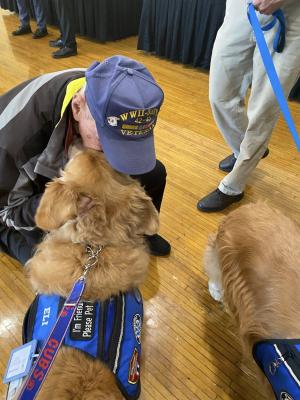 Photo of comfort dogs in action at a veteran's center.