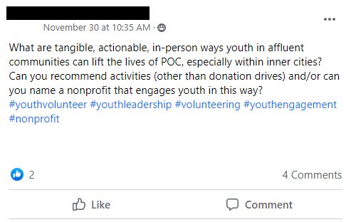 Facebook Post: What are tangible, actionable, in-person ways youth in affluent communities can lift the lives of POC, especially within inner cities? Can you recommend activities (other than donation drives) and/or can you name a nonprofit that engages youth in this way? 
#youthvolunteer #youthleadership #volunteering #youthengagement #nonprofit