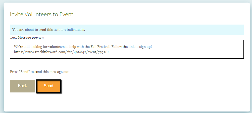Track it Forward Volunteer Texting Screenshot: Inviting Volunteers to Events