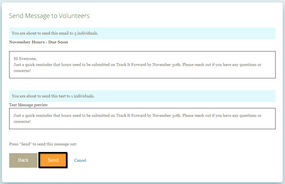 Track it Forward Volunteer Texting Screenshot: Sending Messages to Volunteers