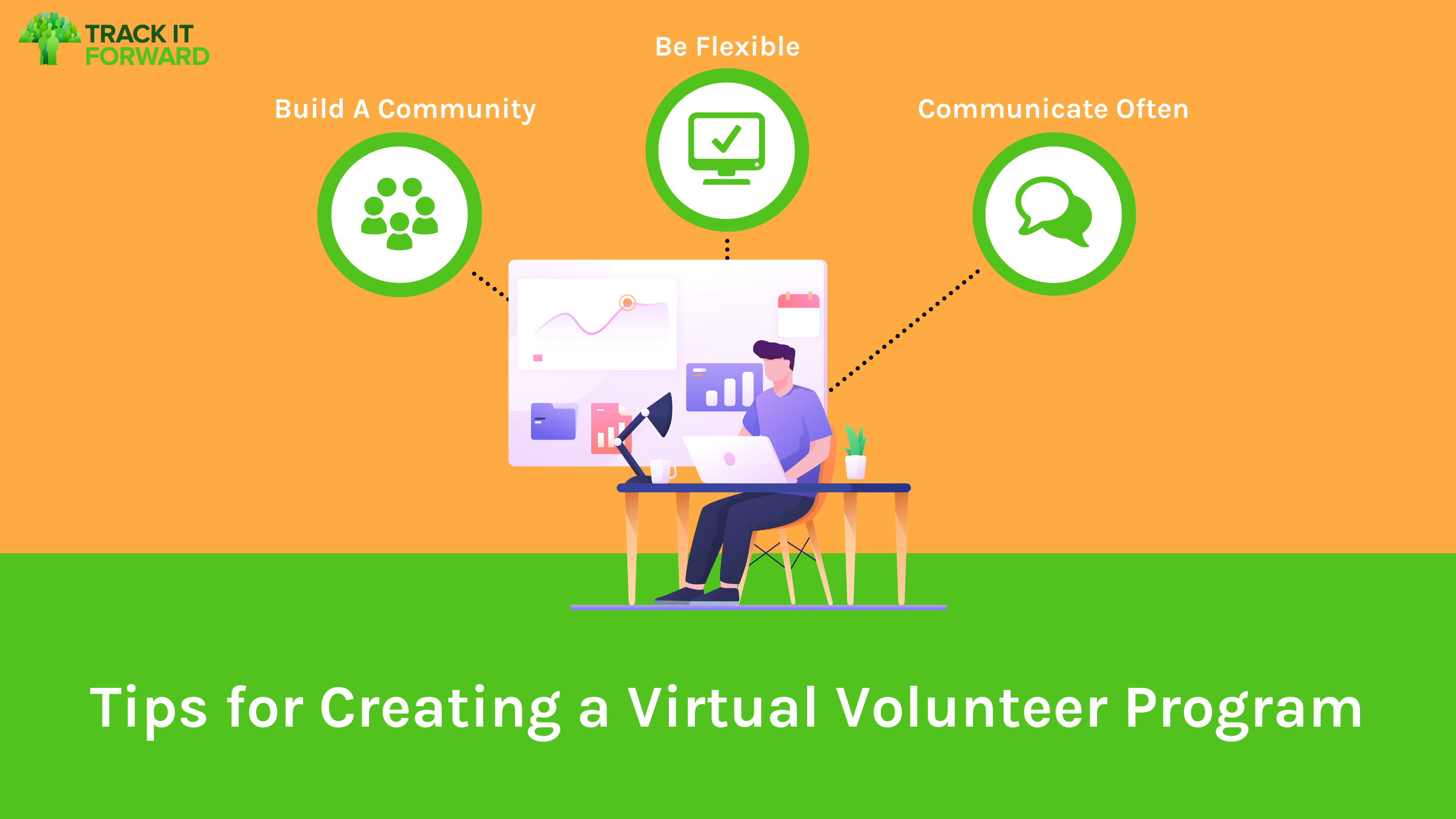 Infographic listing tips for creating a virtual volunteer program: Build a community, Be Flexible, and Communicate Often