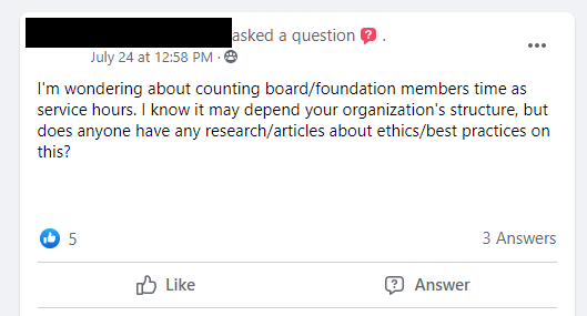 I'm wondering about counting board/foundation members time as service hours. I know it may depend your organization's structure, but does anyone have any research/articles about ethics/best practices on this?