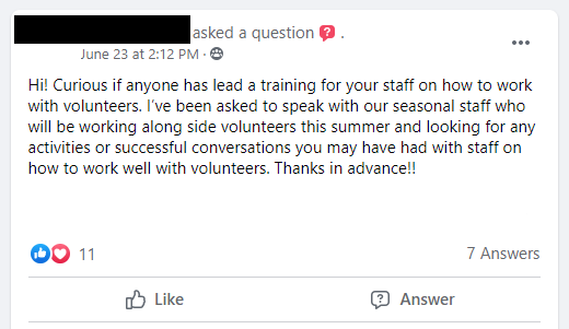Hi! Curious if anyone has lead a training for your staff on how to work with volunteers. I’ve been asked to speak with our seasonal staff who will be working along side volunteers this summer and looking for any activities or successful conversations you may have had with staff on how to work well with volunteers. 