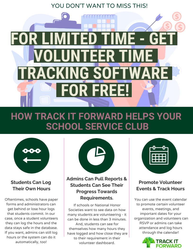 how track it forward helps your school service club 

for a limited time - get volunteer time tracking softwar for free!