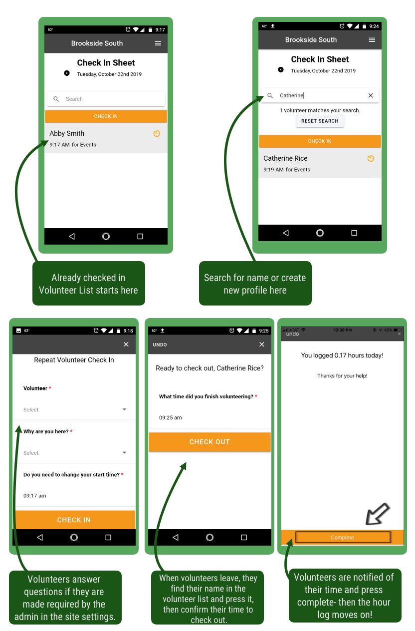 Check in kiosk full process. Mobile kiosk app showcasing check in and check out. 