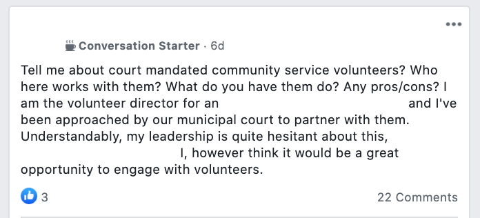 Tell me about court mandated community service volunteers? Who here works with them? What do you have them do? Any pros/cons? I am the volunteer director for an early education organization, and I've been approached by our municipal court to partner with them. Understandably, my leadership is quite hesitant about this, being that we serve young children. I, however think it would be a great opportunity to engage with volunteers.