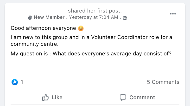 Good afternoon everyone ☺️ 
I am new to this group and in a Volunteer Coordinator role for a community centre. 
My question is : What does everyone’s average day consist of?