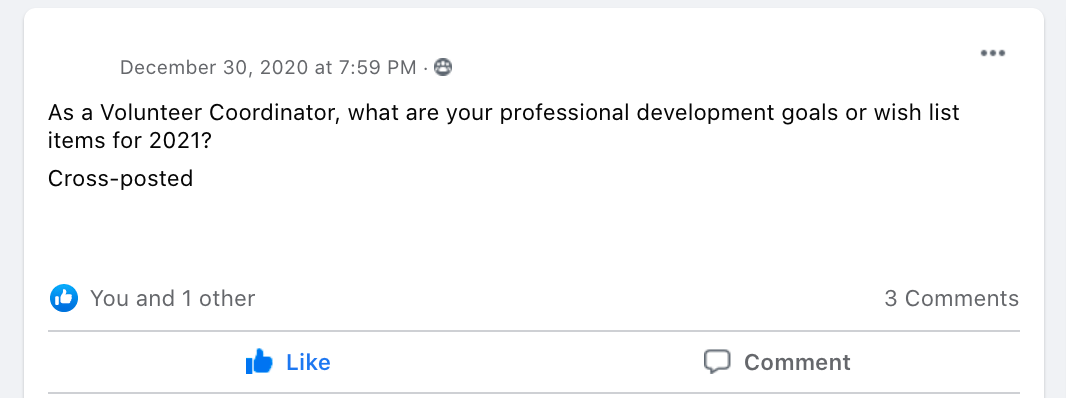 As a Volunteer Coordinator, what are your professional development goals or wish list items for 2021?
Cross-posted