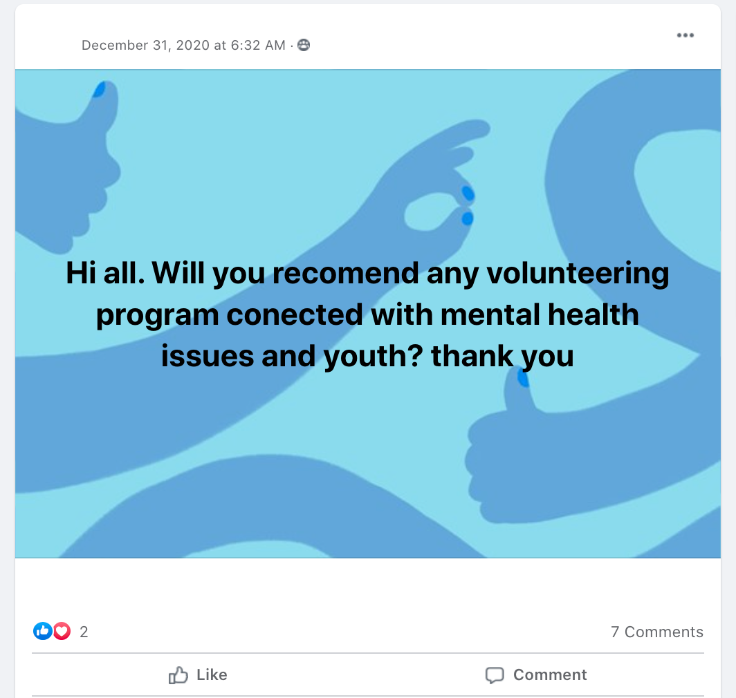 Hi all. Will you recomend any volunteering program conected with mental health issues and youth? thank you