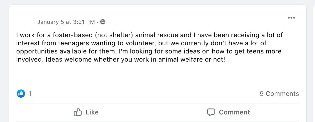 I work for a foster-based (not shelter) animal rescue and I have been receiving a lot of interest from teenagers wanting to volunteer, but we currently don't have a lot of opportunities available for them. I'm looking for some ideas on how to get teens more involved. Ideas welcome whether you work in animal welfare or not!