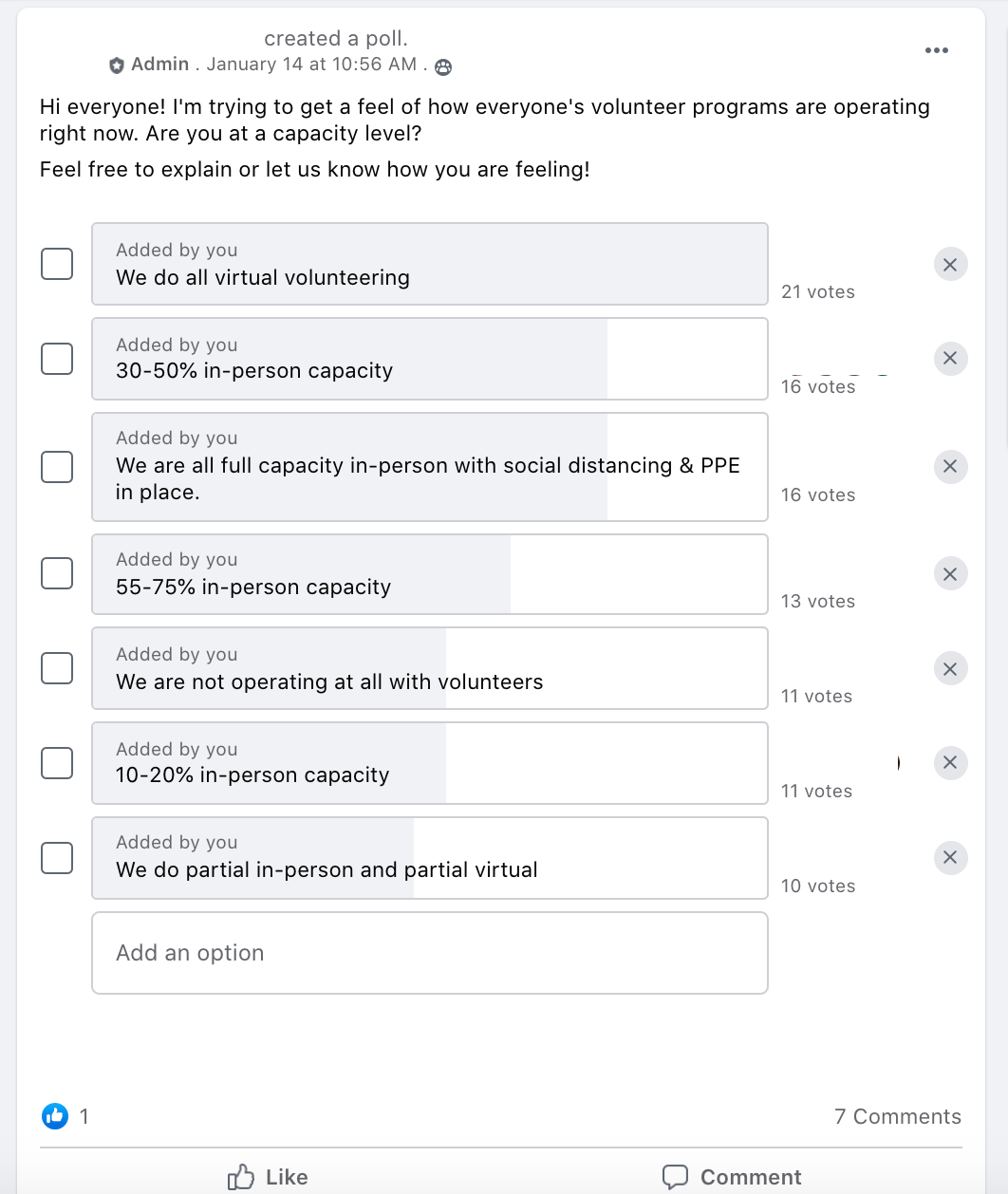Hi everyone! I'm trying to get a feel of how everyone's volunteer programs are operating right now. Are you at a capacity level? 
Feel free to explain or let us know how you are feeling! 

- we arent operating at all
- we are at 30-50% in-person capacity
- we are at 10-25% in-person capacity
- we only do virtual volunteering
- we do both virtual volunteering and in-person volunteering
- we are at full capacity