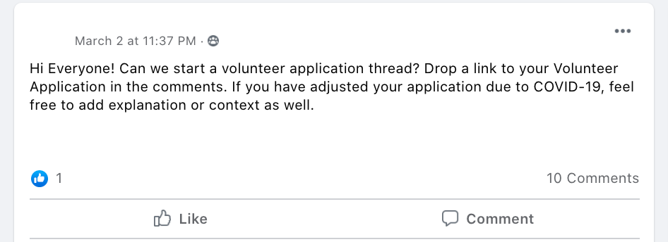 Hi Everyone! Can we start a volunteer application thread? Drop a link to your Volunteer Application in the comments. If you have adjusted your application due to COVID-19, feel free to add explanation or context as well.