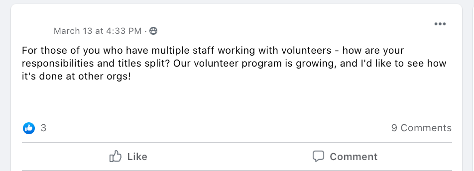 For those of you who have multiple staff working with volunteers - how are your responsibilities and titles split? Our volunteer program is growing, and I'd like to see how it's done at other orgs!