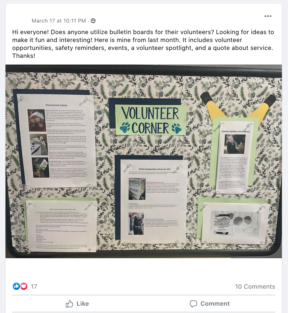 Hi everyone! Does anyone utilize bulletin boards for their volunteers? Looking for ideas to make it fun and interesting! Here is mine from last month. It includes volunteer opportunities, safety reminders, events, a volunteer spotlight, and a quote about service. Thanks!