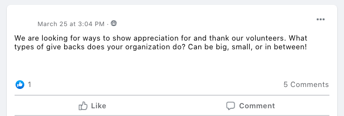 We are looking for ways to show appreciation for and thank our volunteers. What types of give backs does your organization do? Can be big, small, or in between!