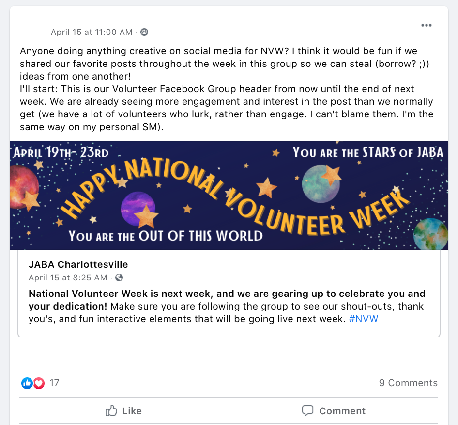 Anyone doing anything creative on social media for NVW? I think it would be fun if we shared our favorite posts throughout the week in this group so we can steal (borrow? ;)) ideas from one another! 
I'll start: This is our Volunteer Facebook Group header from now until the end of next week. We are already seeing more engagement and interest in the post than we normally get (we have a lot of volunteers who lurk, rather than engage. I can't blame them. I'm the same way on my personal SM).