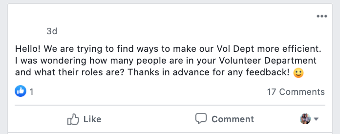 Hello! We are trying to find ways to make our Vol Dept more efficient. I was wondering how many people are in your Volunteer Department and what their roles are? Thanks in advance for any feedback! :)